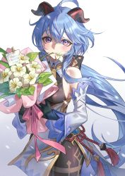 Rule 34 | 1girl, ahoge, bare shoulders, bell, black gloves, blue hair, blush, bodystocking, bouquet, breasts, cowbell, cowboy shot, crossed bangs, curled horns, detached sleeves, eating, english text, flower, ganyu (genshin impact), genshin impact, gloves, goat horns, hair between eyes, happy birthday, highres, holding, holding bouquet, horns, jyuma, long hair, looking at viewer, low ponytail, medium breasts, neck bell, purple eyes, qingxin flower, solo, vision (genshin impact), white flower, wind