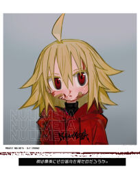 Rule 34 | 1girl, bandaid, bandaid on face, black eyes, black shirt, blonde hair, blood, blood on face, blush, border, commentary request, copyright name, english text, grey background, highres, hood, hood down, hoodie, kokaki mumose, looking at viewer, medium hair, multicolored eyes, nosebleed, null-meta, open mouth, red eyes, red hoodie, shirt, solo, translation request, turtleneck, uozumi kurumi, upper body, white border