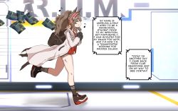 Rule 34 | 1girl, :&gt;, ^ ^, alph (sancheck), angelina (arknights), animal ears, arknights, bag, bare legs, black footwear, black gloves, black socks, blush, brown hair, closed eyes, clue (arknights), coat, duffel bag, eighth note, english text, fox ears, from side, full body, gloves, hairband, hallway, happy, highres, holding, humming, indoors, long hair, long sleeves, material growth, musical note, open clothes, open coat, oripathy lesion (arknights), running, shoes, sidelocks, socks, solo, twintails, two-tone hairband, white coat