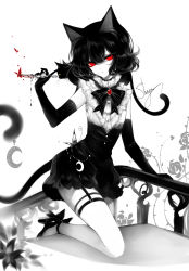 Rule 34 | 1girl, absurdres, animal ears, artist name, bare legs, bare shoulders, black bow, black bowtie, black cat, black footwear, black gloves, black hair, black skirt, blood, bloody weapon, bow, bowtie, brooch, cat, cat ears, colored sclera, crescent, elbow gloves, eyelashes, gloves, hair between eyes, hand up, head tilt, high heels, highres, holding, holding knife, holding weapon, jewelry, kneeling, knife, limited palette, looking at viewer, miniskirt, original, railing, red eyes, sheya, signature, simple background, skirt, solo, spot color, thigh strap, thighs, thorns, weapon, white background, yellow sclera