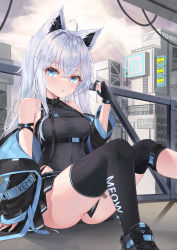 Rule 34 | 1girl, absurdres, animal ears, barcode, barcode tattoo, black leotard, black thighhighs, blue eyes, breasts, building, cat ears, clothes down, clothes pull, gloves, highres, jacket, jacket pull, leotard, long hair, looking at viewer, medium breasts, microskirt, open clothes, open jacket, original, parted lips, partially fingerless gloves, shoes, single thighhigh, sitting, skirt, sneakers, solo, tattoo, thighhighs, thighs, white hair, yeosi