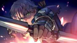 Rule 34 | 1boy, armor, arrow (projectile), asada hachi, ashe ubert, banned artist, blurry, bow (weapon), brown gloves, commentary, depth of field, dutch angle, fire emblem, fire emblem: three houses, freckles, gloves, glowing, gradient background, green eyes, grey hair, hair between eyes, highres, holding, holding bow (weapon), holding weapon, male focus, nintendo, parted lips, quiver, short hair, solo, sweat, twitter username, upper body, watermark, weapon
