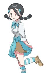 Rule 34 | 1girl, ;), black hair, blue sweater, brown eyes, brown footwear, brown skirt, candice (pokemon), closed mouth, clothes around waist, collared shirt, commentary request, creatures (company), game freak, gym leader, hair ornament, hairclip, highres, k imchae, kneehighs, korean commentary, leg up, long hair, multi-tied hair, nintendo, one eye closed, pokemon, pokemon dppt, shirt, shoes, skirt, smile, socks, solo, sweater, sweater around waist, twintails, white shirt
