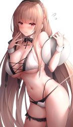 1girl azur_lane bare_shoulders bikini blush breasts brown_hair cleavage collarbone commentary_request detached_collar hairband hand_to_own_mouth highres holding holding_tray large_breasts long_hair looking_at_viewer mole mole_under_mouth multi-strapped_bikini multicolored_bikini navel oyuwari red_eyes sidelocks simple_background solo standing strap_pull swiftsure_(azur_lane) swiftsure_(midsummer_special_service)_(azur_lane) swimsuit thigh_strap tray two-tone_bikini very_long_hair white_background white_bikini wrist_cuffs