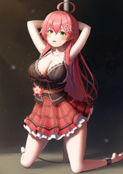 Rule 34 | 1girl, ahoge, arms up, bare arms, bare legs, barefoot, black bra, blush, bound ankles, bra, breasts, chain, cleavage, collared shirt, corset, flower, frilled skirt, frills, green eyes, hair between eyes, hair flower, hair ornament, highres, hololive, large breasts, light particles, long hair, looking at viewer, nyan (reinyan 007), open clothes, open shirt, parted lips, pink hair, plaid, plaid skirt, pole, red skirt, sakura miko, sakura miko (casual), shirt, skirt, sleeveless, sleeveless shirt, solo, underwear, very long hair, virtual youtuber