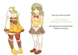 Rule 34 | 2girls, boots, bow, breasts, brown legwear, comic, corset, detached sleeves, english text, fingerless gloves, gloves, goldfishu, green hair, headless, i want my hat back, loafers, long hair, lowres, magical girl, mahou shoujo madoka magica, mahou shoujo madoka magica (anime), mami mogu mogu, medium breasts, multiple girls, own hands together, parody, pigeon-toed, pleated skirt, puffy sleeves, ribbon, school uniform, shirt, shizuki hitomi, shoes, simple background, skirt, small breasts, spoilers, standing, striped clothes, striped legwear, striped thighhighs, taut clothes, taut shirt, text focus, thighhighs, tomoe mami, vertical-striped clothes, vertical-striped legwear, vertical-striped thighhighs, white background, white legwear, zettai ryouiki