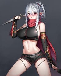 Rule 34 | 1girl, absurdres, armor, bare shoulders, black gloves, black shirt, black shorts, blush, breasts, chun bae, commission, crop top, dual wielding, dungeon and fighter, elbow gloves, fang, fingerless gloves, gloves, hand up, highres, holding, holding weapon, japanese armor, kunai, large breasts, long hair, looking at viewer, midriff, navel, ninja (dedett) (dungeon and fighter), nose blush, open mouth, original, pixiv commission, pointy ears, ponytail, red eyes, reverse grip, scarf, shirt, short shorts, shorts, shoulder armor, skindentation, sleeveless, sleeveless shirt, sode, solo, stomach, thighs, weapon, white hair