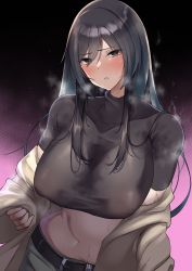 Rule 34 | 1girl, :o, absurdres, black hair, black shirt, blush, breasts, brown jacket, covered erect nipples, crop top, gradient background, highres, idolmaster, idolmaster shiny colors, jacket, jacket partially removed, large areolae, large breasts, looking at viewer, ryouten9, shirase sakuya, shirt, simple background, solo, steam, steaming body, straight hair, sweatdrop