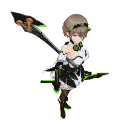 Rule 34 | 1girl, absurdres, bare shoulders, black footwear, black gloves, black thighhighs, boots, breasts, brown hair, cleavage, closed mouth, colomar, full body, gloves, hair over one eye, highres, holding, holding scythe, holding weapon, honkai (series), honkai impact 3rd, looking at viewer, mole, mole under eye, purple eyes, rita rossweisse, rita rossweisse (phantom iron), scythe, simple background, solo, thighhighs, weapon, white background