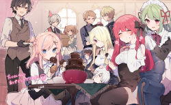 Rule 34 | + +, 5boys, 5girls, anna (ikeuchi tanuma), apron, artist name, bare shoulders, black apron, black bow, black necktie, black vest, blonde hair, blue eyes, blue hair, blue shirt, blush, bow, bowl, bowtie, box, brown hair, cake, candy, carrying, character request, chocolate, chocolate fondue, chocolate fountain, chocolate heart, closed mouth, clothing cutout, collared shirt, commentary request, couch, curtains, doll joints, double bun, doughnut, dress, dress shirt, eating, edel (ikeuchi tanuma), closed eyes, flower, food, food in mouth, food on face, formal, frilled dress, frills, gloves, green hair, hair between eyes, hair bow, hair bun, hair flower, hair ornament, hand on own face, handkerchief, hat, heart, highres, holding, holding cake, holding food, holding handkerchief, holding plate, ikeuchi tanuma, joints, kneeling, lace trim, light particles, long hair, long sleeves, looking at another, lying on lap, maid, maid headdress, marshmallow, multicolored hair, multiple boys, multiple girls, necktie, on couch, on lap, open mouth, original, party hat, pink bow, pink bowtie, pink hair, plate, pointy ears, pouty lips, purple bow, purple bowtie, red eyes, red hair, rije (ikeuchi tanuma), rosette (ikeuchi tanuma), rudy (ikeuchi tanuma), shirt, short dress, short hair, short twintails, shoulder cutout, single hair bun, sitting, sleeping, smile, sparkle, sparkling eyes, standing, suit, table, tablecloth, thighhighs, thighs, thumbs up, tino (ikeuchi tanuma), translation request, twintails, vest, white bow, white bowtie, white hair, white shirt, window, wiping face, worried, yellow bow, yellow bowtie, zettai ryouiki