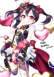 Rule 34 | \m/, argyle, argyle clothes, argyle legwear, balloon, black hair, brooch, cafe maid (love live!), clenched teeth, dress, earrings, flower, frills, hat, heart balloon, jewelry, kokone (coconeeeco), leg up, love live!, love live! school idol festival, love live! school idol project, microphone, ribbon, rose, smile, teeth, thighhighs, twintails, yazawa nico