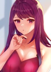 Rule 34 | 1girl, alternate costume, bare shoulders, breasts, casual, cleavage, close-up, edamameoka, expressionless, fire emblem, fire emblem engage, highres, ivy (fire emblem), long hair, looking at viewer, medium breasts, mole, mole under mouth, nintendo, portrait, purple eyes, purple hair, simple background, solo, swept bangs, upper body