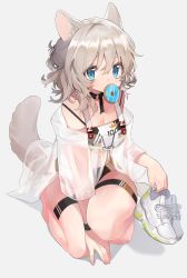 Rule 34 | 1girl, animal ear fluff, animal ears, bandeau, bare legs, bare shoulders, barefoot, blue eyes, breasts, choker, cleavage, doughnut, fang, food, grey background, highres, looking at viewer, medium breasts, micro shorts, mid (gameshe), midriff, mouth hold, nail polish, off shoulder, original, see-through, shadow, shoes, unworn shoes, short hair, short sleeves, shorts, silver hair, slit pupils, sneakers, solo, spaghetti strap, tail, thigh strap, white footwear