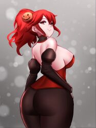 Rule 34 | 1girl, anna (fire emblem), ass, back, bare shoulders, black sleeves, breasts, brown pants, closed mouth, commentary, commission, detached collar, detached sleeves, english commentary, fire emblem, hair between eyes, hair ornament, halloween, highres, jack-o&#039;-lantern, jack-o&#039;-lantern hair ornament, jaxdrawz, large breasts, long hair, looking at viewer, nintendo, official alternate costume, pants, ponytail, red eyes, red hair, sideboob, smile, solo