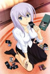 Rule 34 | 10s, 1girl, absurdres, black eyes, breasts, card, cardfight!! vanguard, cardfight!! vanguard (cards), cleavage, highres, holding, holding card, kneeling, non-web source, nyantype, official art, oracle think tank, silver hair, sleeves rolled up, socks, solo, tokura misaki, tominaga mari