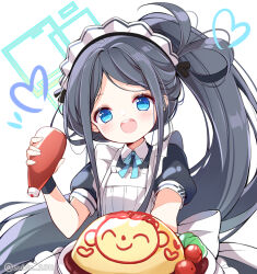 Rule 34 | 1girl, :d, apron, aris (blue archive), aris (maid) (blue archive), doodle sensei (blue archive), black hair, blue archive, blue bow, blue bowtie, blue eyes, bottle, bow, bowtie, cameo, commentary request, food, forehead, frilled apron, frills, halo, holding, holding bottle, ketchup, ketchup bottle, korean commentary, long hair, looking at viewer, maid, maid apron, maid headdress, official alternate costume, official alternate hairstyle, omelet, omurice, open mouth, parted bangs, sensei (blue archive), short sleeves, side ponytail, sidelocks, simple background, smile, solo, subin (subin 2011), white background, wristband
