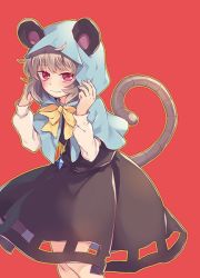 Rule 34 | 1girl, ahoge, animal ears, blush, bow, bowtie, capelet, cowboy shot, dress, ears through headwear, embarrassed, grey dress, grey hair, hood, jewelry, long sleeves, looking at viewer, mouse ears, mouse tail, nazrin, necklace, puffy long sleeves, puffy sleeves, red background, red eyes, short hair, simple background, solo, tail, tomobe kinuko, touhou, yellow bow, yellow bowtie