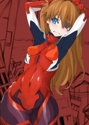 Rule 34 | 1girl, absurdres, arms behind head, blue eyes, bodysuit, breasts, brown hair, building, cameltoe, clenched teeth, curvy, evangelion: 3.0 you can (not) redo, hair ornament, highres, lips, long hair, neon genesis evangelion, parted lips, plugsuit, rebuild of evangelion, red bodysuit, sakula, shiny clothes, small breasts, solo, souryuu asuka langley, teeth, thighs, tsundere, twintails, two side up, wide hips