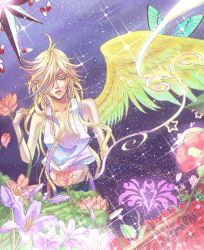 Rule 34 | 1boy, androgynous, bad id, bad pixiv id, benten (zone-00), blonde hair, blue eyes, flower, lady y, long hair, male focus, mole, pill, single wing, solo, sparkle, trap, wings, zone-00