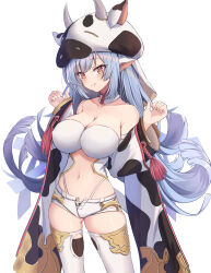 Rule 34 | 1girl, :q, absurdres, animal ears, animal print, bare shoulders, blue hair, breasts, catura (granblue fantasy), cleavage, closed mouth, collarbone, covered erect nipples, cow ears, cow hood, cow print, cowboy shot, crop top, detached collar, detached sleeves, gluteal fold, granblue fantasy, hands up, highleg, highleg panties, highres, large breasts, long hair, long sleeves, looking at viewer, micro shorts, midriff, navel, open fly, orange eyes, panties, ponta (velmar), short shorts, shorts, simple background, smile, solo, standing, stomach, strapless, string panties, thighhighs, thighs, tongue, tongue out, underwear, very long hair, white background, white shorts, white thighhighs, wide sleeves