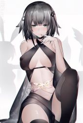 Rule 34 | 1girl, alternate costume, arknights, bare shoulders, black thighhighs, breasts, chinese commentary, commentary request, feather hair, grey eyes, grey hair, greythroat (arknights), hand up, large breasts, looking at viewer, navel, parted lips, short hair, stomach, thighhighs, thighs, yushe quetzalli