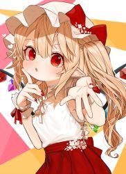 Rule 34 | 1girl, :o, alternate costume, artist name, bare arms, blonde hair, blush, bow, breasts, choker, commentary request, cowboy shot, crystal, finger to cheek, flandre scarlet, flower choker, gotou (nekocat), hair between eyes, hands up, hat, hat bow, heart, highres, index finger raised, long hair, looking at viewer, mob cap, multicolored background, nail polish, one side up, orange background, parted lips, pink background, pointy ears, red bow, red eyes, red nails, red ribbon, red skirt, ribbon, signature, skirt, sleeveless, small breasts, solo, touhou, white background, white hat, wings, wrist cuffs