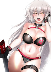 Rule 34 | 1girl, ahoge, bikini, black bikini, black choker, blush, breasts, choker, cleavage, commentary request, cowboy shot, fate/grand order, fate (series), gloves, hair between eyes, hand on own head, highres, holding, holding sword, holding weapon, jeanne d&#039;arc alter (swimsuit berserker) (fate), jeanne d&#039;arc (fate), jeanne d&#039;arc alter (fate), jeanne d&#039;arc alter (swimsuit berserker) (fate), katana, large breasts, long hair, looking at viewer, navel, o-ring, o-ring bikini, o-ring bottom, o-ring top, open mouth, saku (saku1151), sheath, sheathed, silver hair, simple background, solo, standing, swimsuit, sword, thigh strap, weapon, white background, yellow eyes