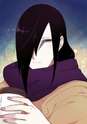 Rule 34 | 1boy, black hair, brown coat, casual, closed mouth, coat, coffee cup, cup, disposable cup, facepaint, hair over one eye, holding, holding cup, looking at viewer, nail polish, naruto, naruto (series), night, night sky, ninja, orochimaru (naruto), pale skin, purple nails, purple neckwear, scarf, sky, smile, solo, yazaki (yazakc), yellow eyes