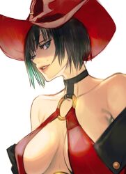 Rule 34 | 1girl, aqua eyes, bare shoulders, black hair, breasts, cleavage, dress, guilty gear, guilty gear xrd, hat, highres, hitsuji kusa, i-no, large breasts, looking at viewer, mole, mole above mouth, red dress, red headwear, red leather, red lips, short hair, simple background, smile, upper body, white background, witch hat