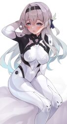 Rule 34 | 1girl, :d, arm behind head, arm up, black hairband, blue eyes, blush, bodysuit, breasts, commentary, covered navel, english commentary, feet out of frame, firefly (ar-26710) (honkai: star rail), firefly (honkai: star rail), formal, gradient hair, green hair, grey hair, hair between eyes, hair intakes, hairband, highres, honkai: star rail, honkai (series), large breasts, legs together, long hair, looking at viewer, matrix16, mixed-language commentary, multicolored hair, open mouth, orange eyes, paid reward available, pilot suit, purple eyes, shade, sitting, smile, solo, suit, two-tone eyes, white bodysuit, white hair, white suit