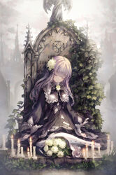 Rule 34 | 1girl, angel statue, architecture, black dress, black footwear, black ribbon, bouquet, candle, closed eyes, closed mouth, commentary request, day, dress, flower, fog, frilled dress, frills, full body, goth fashion, gothic architecture, gothic lolita, hair flower, hair ornament, hair ribbon, highres, lolita fashion, long hair, long sleeves, missile228, original, outdoors, pantyhose, puffy long sleeves, puffy sleeves, purple hair, ribbon, shoes, sidelocks, sitting, sleeping, sleeping upright, solo, statue, tower, white flower, white pantyhose, yokozuwari