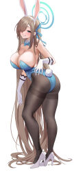 Rule 34 | 1girl, absurdly long hair, absurdres, animal ears, ass, asuna (blue archive), bare shoulders, blue bow, blue bowtie, blue eyes, blue leotard, blue ribbon, bow, bowtie, breasts, cleavage, detached collar, fake animal ears, gloves, grin, hair over one eye, hair ribbon, halo, high heels, highleg, highleg leotard, highres, large breasts, leotard, light brown hair, long hair, looking at viewer, mole, mole on breast, official alternate costume, pantyhose, playboy bunny, rabbit ears, rabbit tail, ribbon, smile, solo, strapless, strapless leotard, tail, teeth, thighband pantyhose, traditional bowtie, very long hair, white background, white footwear, white gloves