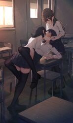 Rule 34 | absurdres, benevole, black footwear, black hair, black thighhighs, blue skirt, blush, brown hair, chair, closed eyes, collared shirt, commentary request, covering another&#039;s eyes, desk, french kiss, highres, indoors, kiss, light particles, loafers, long hair, midriff peek, open mouth, original, pleated skirt, saliva, school, school chair, school desk, school uniform, shirt, shoes, short hair, skirt, sleeves past elbows, thighhighs, white shirt, yuri, zettai ryouiki