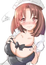 Rule 34 | 1girl, blush, bow, breasts, brown eyes, brown hair, calin, chiyoda (kancolle), cleavage, dated, hands on own breasts, highres, kantai collection, large breasts, looking at viewer, maid, maid headdress, medium hair, signature, simple background, white background
