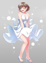 Rule 34 | 1950s (fashion), 1girl, ;d, bare arms, bare legs, blue eyes, blush, breasts, brown hair, cleavage, clothes lift, collarbone, dress, dress lift, dress tug, feet, full body, grey background, high heel sandals, high heels, highres, lonlonl17635238, looking at viewer, love live!, love live! superstar!!, marilyn monroe, medium breasts, one eye closed, open mouth, parody, pinup (style), shoes, short hair, sleeveless, sleeveless dress, smile, solo, standing, tang keke, white dress, white footwear, wind, wind lift