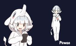 Rule 34 | 1girl, animal costume, black eyes, blue background, blush, copyright name, elephant costume, holding, hood, hood up, hoodie, looking down, morakkyo (mephilas g3), multiple views, open mouth, parted lips, pawoo, pawoo-chan, personification, pixiv, sidelocks, simple background, sketch, smile, standing, tablet pc, teeth, tusks, upper body, white hair
