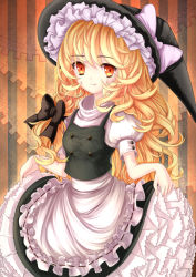 Rule 34 | 1girl, blonde hair, bow, colorized, curly hair, dress, female focus, furim, hair bow, hat, hat bow, highres, kirisame marisa, short sleeves, skirt, skirt hold, smile, solo, touhou, witch hat, yellow eyes