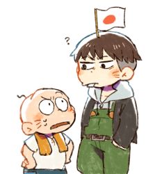 Rule 34 | 10s, 2boys, ?, apron, bald, brown hair, buck teeth, chibita, f6 (osomatsu-san), facial mark, hands in pockets, hatabou, height difference, jacket, japanese flag, kuri (shibimame), layered clothes, looking at another, looking down, looking up, male focus, multiple boys, osomatsu-kun, osomatsu-san, overalls, shirt, simple background, t-shirt, teeth, towel, towel around neck, waist apron, whisker markings, white background
