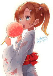 Rule 34 | 10s, 1girl, 2018, alternate hairstyle, animal print, bad id, bad pixiv id, blue eyes, cotton candy, cowboy shot, dated, eating, fish print, food, from side, hair between eyes, hair ornament, hair up, hairclip, highres, holding, holding food, japanese clothes, kimono, kosaka honoka, looking at viewer, looking to the side, love live!, love live! school idol festival, love live! school idol project, miyamae porin, open mouth, orange hair, profile, side ponytail, simple background, solo, twitter username, white background, wide sleeves, yukata