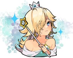 Rule 34 | bare shoulders, blonde hair, blue eyes, closed mouth, collarbone, cropped shoulders, crown, earrings, grey background, hair over one eye, holding, holding staff, jewelry, long hair, mario (series), nachoz (nachozart), nail polish, nintendo, pink nails, rosalina, staff, star (symbol), star earrings, super mario galaxy