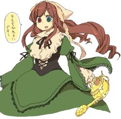 Rule 34 | 00s, 1girl, azuma seiji, brown hair, corset, dress, drill hair, frills, green dress, green eyes, hat, heterochromia, lolita fashion, long hair, long sleeves, open mouth, red eyes, ribbon, rozen maiden, suiseiseki, twin drills, twintails, very long hair, watering can, white background