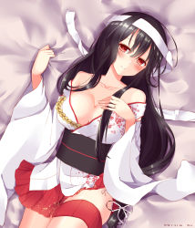 Rule 34 | 1girl, 2015, absurdres, bad id, bad pixiv id, bare shoulders, bed sheet, black hair, blush, breasts, cleavage, collarbone, dated, fusou (kancolle), fusou kai ni (kancolle), hand on own chest, headband, highres, japanese clothes, jewelry, kantai collection, large breasts, long hair, looking at viewer, lying, miko, on back, on bed, open clothes, pleated skirt, red eyes, red skirt, ring, saitu miki, skirt, smile, solo, thigh strap, wedding band, white headband, wide sleeves