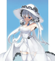 Rule 34 | 1girl, absurdres, azur lane, bare shoulders, blue background, blue eyes, blue gemstone, breasts, cleavage, detached collar, dress, elbow gloves, from below, garter straps, gem, gloves, hair ribbon, hat, highres, illustrious (azur lane), lace, lace-trimmed dress, lace-trimmed headwear, lace trim, large breasts, leaning forward, long hair, looking at viewer, raillaz, ribbon, see-through, see-through dress, simple background, skirt hold, sky, sleeveless, sleeveless dress, solo, strapless, strapless dress, sun hat, thighhighs, tress ribbon, tri tails, two-tone background, very long hair, white background, white dress, white gloves, white hair, white hat, white thighhighs