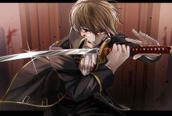 Rule 34 | 1boy, :q, black border, black jacket, black pants, blood, blood on face, blood splatter, border, brown hair, gintama, hair between eyes, highres, holding, holding sword, holding weapon, jacket, katana, letterboxed, long sleeves, looking at viewer, male focus, okita sougo, open clothes, open jacket, outside border, pants, red eyes, shinomy, shinsengumi (gintama), short hair, solo, sword, tongue, tongue out, weapon