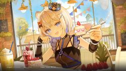 Rule 34 | 1girl, :d, ahoge, animal ears, artist name, blonde hair, blue eyes, bow, breasts, cake, commentary, commission, crown, day, drink, fangs, food, fruit, hair bow, hair ornament, hairclip, happyongdal, highres, idol corp, indoors, looking at viewer, mini crown, multicolored hair, o-ring, open mouth, pennant, plant, potted plant, shabel tonya, sitting, skin fangs, small breasts, smile, solo, strawberry, strawberry shortcake, streaked hair, string of flags, tiger ears, tiger girl, twitter username, virtual youtuber, white hair, window, x hair ornament