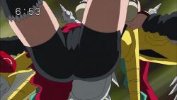 Rule 34 | andromon, animated, animated gif, ass, bike shorts, breasts, cameltoe, cleavage, digimon, digimon xros wars, green hair, hip attack, large breasts, lowres, mervamon