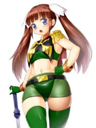 Rule 34 | 1girl, blue eyes, brown hair, catharine blitzen, epaulettes, green thighhighs, gundam, gundam card builder, hand on own hip, long hair, navel, onsoku inu, open mouth, see-through, simple background, thighhighs, twintails, white background, zeon