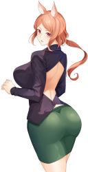 Rule 34 | 1girl, absurdres, animal ears, ass, black shirt, breasts, brown hair, commission, from behind, hagoromoo, highres, horse ears, kay (monster musume no oisha-san), kay arte, large breasts, long hair, long sleeves, looking at viewer, looking back, monster musume no oisha-san, parted lips, pixiv commission, red eyes, shirt, simple background, solo, thighs, white background