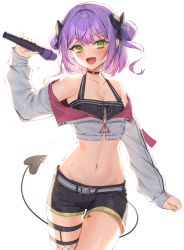 Rule 34 | 1girl, :d, absurdres, bad id, bad pixiv id, black bow, black shorts, blush, bow, cowboy shot, crop top, cropped jacket, demon girl, demon tail, double bun, fang, fishnet thighhighs, fishnets, green eyes, grey jacket, hair bow, hair bun, halterneck, harusame (user wawj5773), highres, holding, holding microphone, hololive, huge filesize, jacket, long sleeves, looking at viewer, microphone, navel, navel piercing, off shoulder, open mouth, piercing, pointy ears, purple hair, short hair, short shorts, shorts, single thighhigh, smile, solo, standing, stomach, sweat, tail, tail ornament, tail piercing, thighhighs, tokoyami towa, virtual youtuber, white background