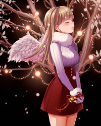 Rule 34 | 1girl, angel, angel wings, bell, black background, blonde hair, blurry, blush, breasts, christmas, commentary, cowboy shot, depth of field, closed eyes, feathered wings, floating hair, from side, gloves, highres, large breasts, light particles, original, own hands together, parted lips, purple gloves, red ribbon, red skirt, ribbed sweater, ribbon, skirt, snow, solo, suzunosenchi, sweater, tree, v arms, wings